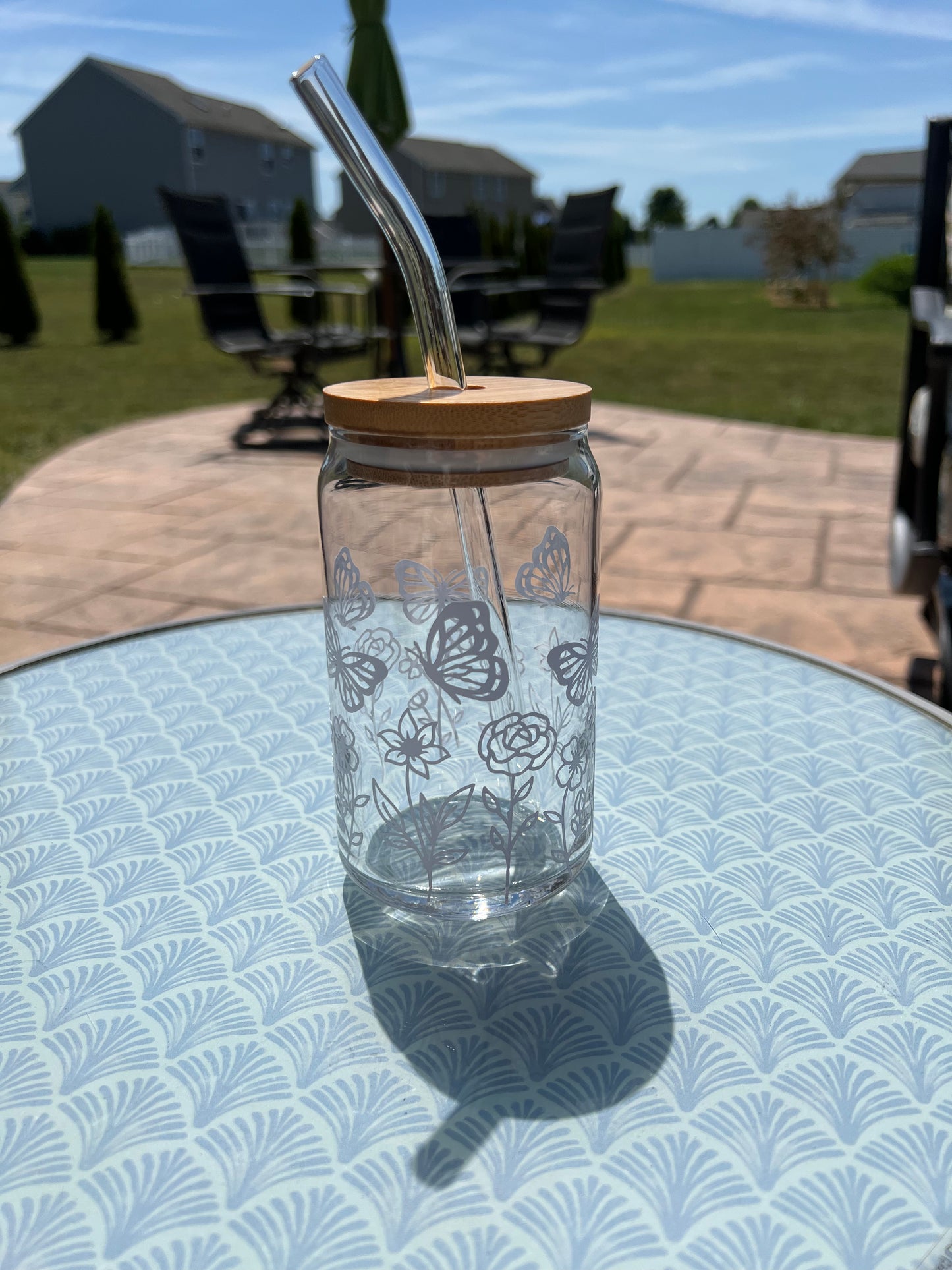 Floral with butterflies beer can glass