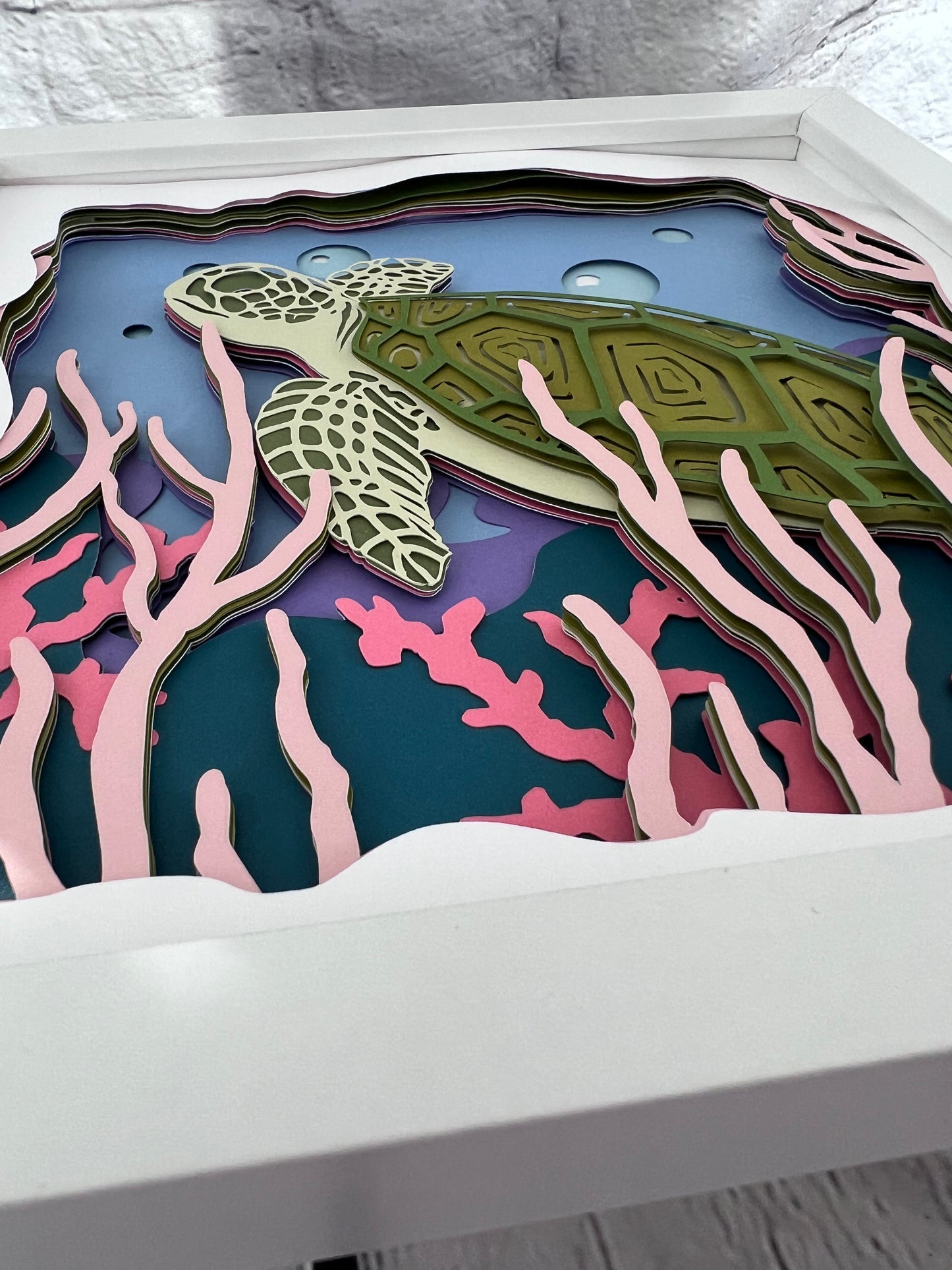 Deep sea turtle 3D paper art in a shadowbox