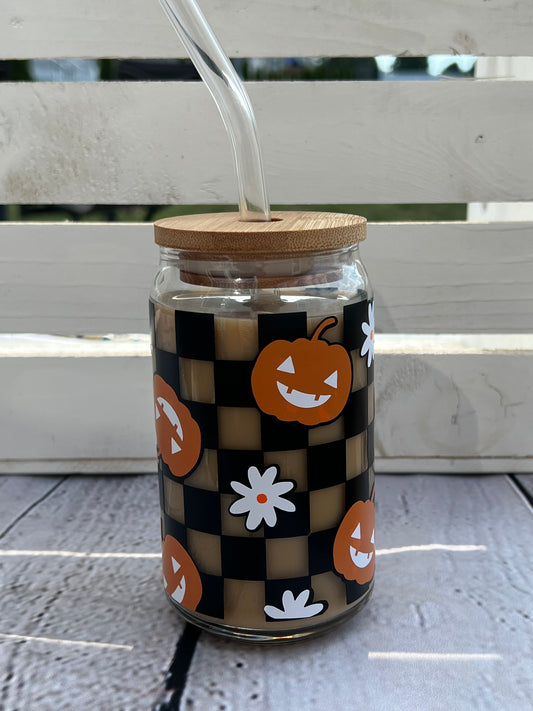 Checkerboard pumpkin beer can glass