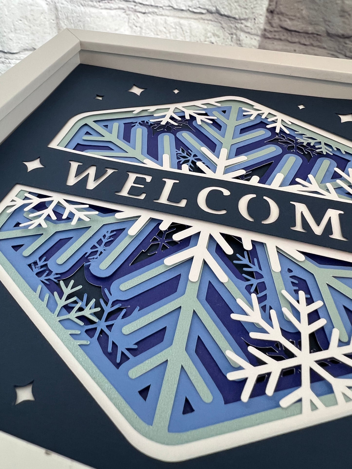 Winter welcome 3D paper art in a shadowbox