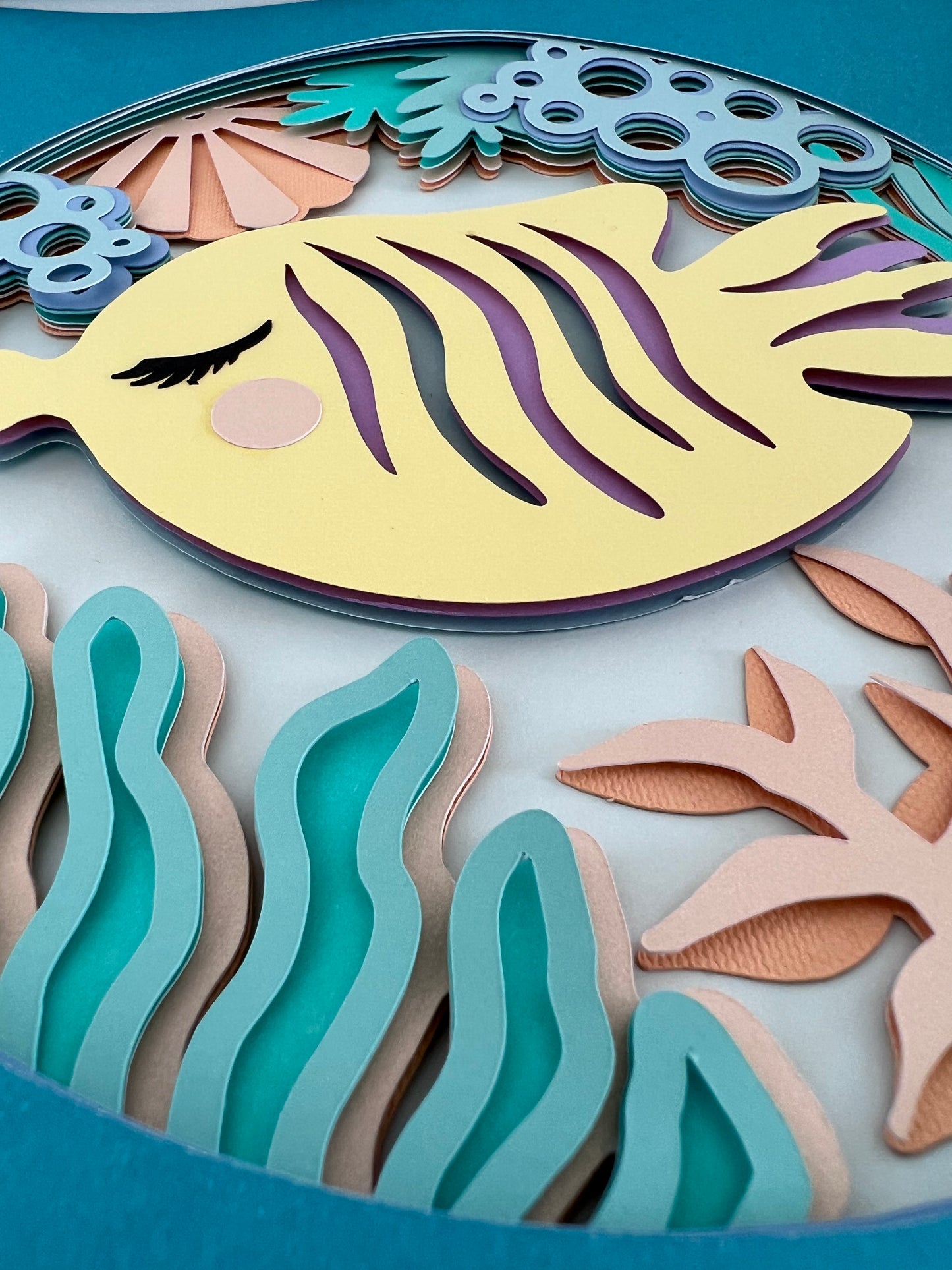 Kids yellow fish 3D paper art in a shadowbox