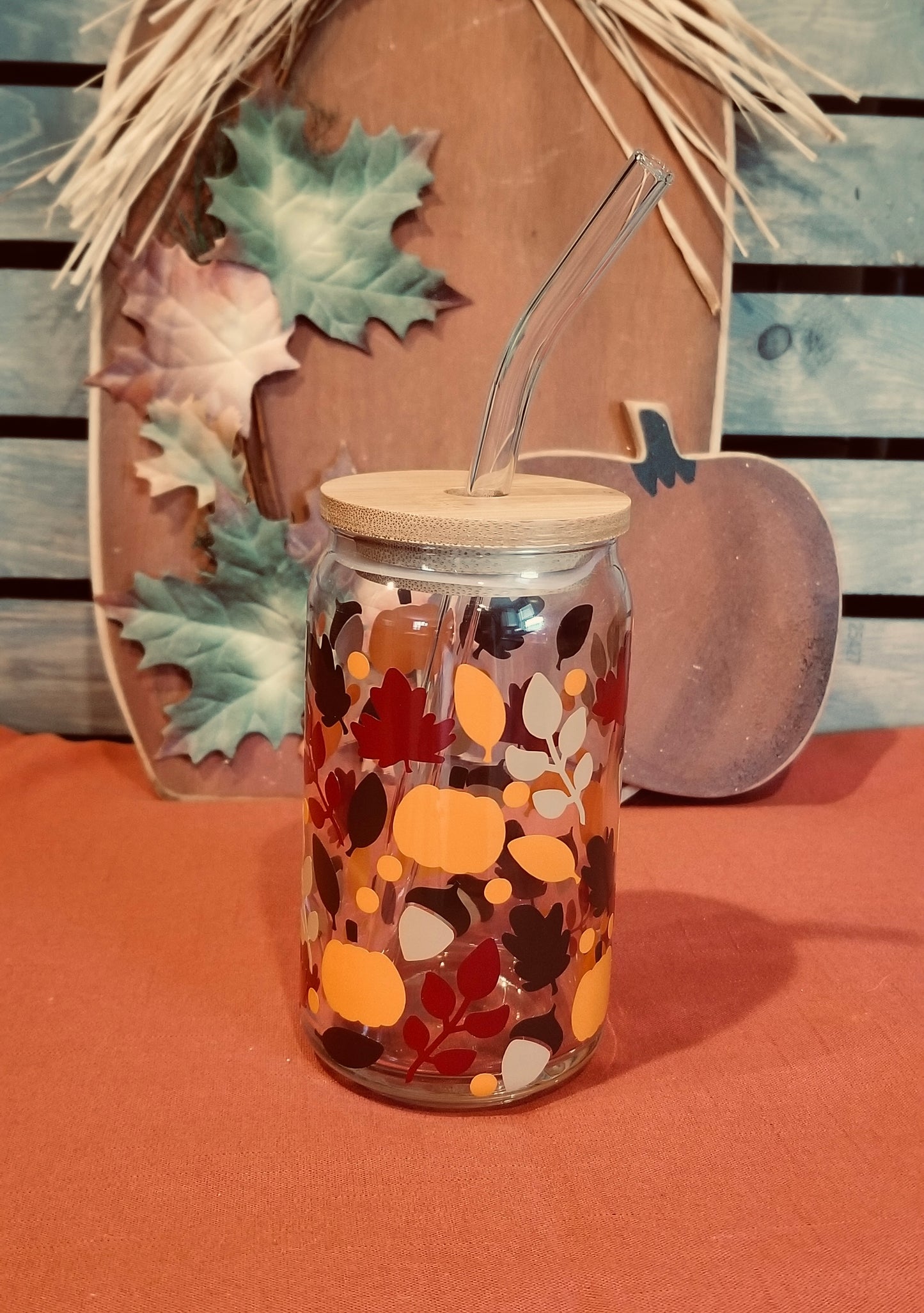 Fall leaves with acorns beer can glass