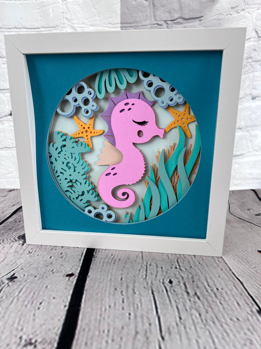 Kids seahorse 3D paper art in a shadowbox