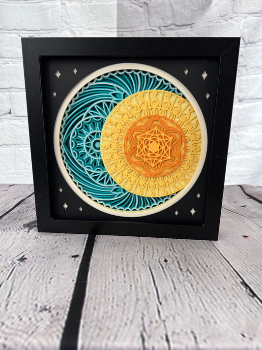 Celestial mandala 3D paper art in a shadowbox