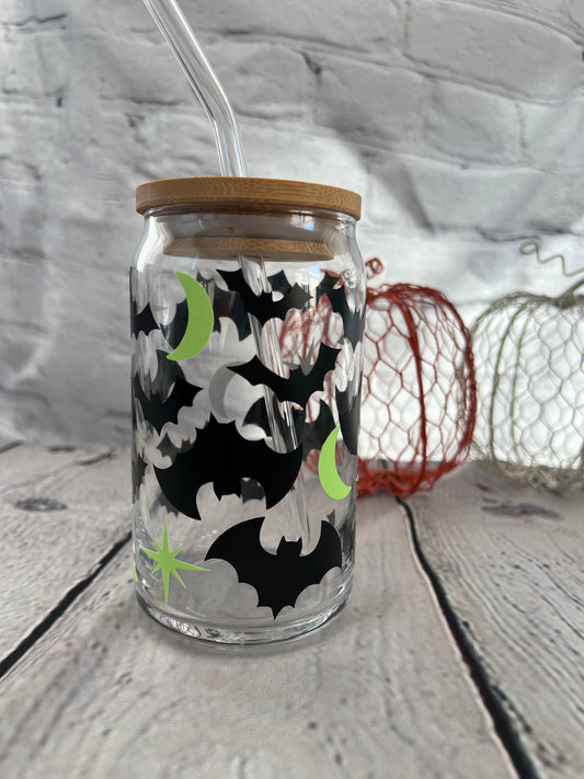 Bats with glow in the dark stars beer can glass