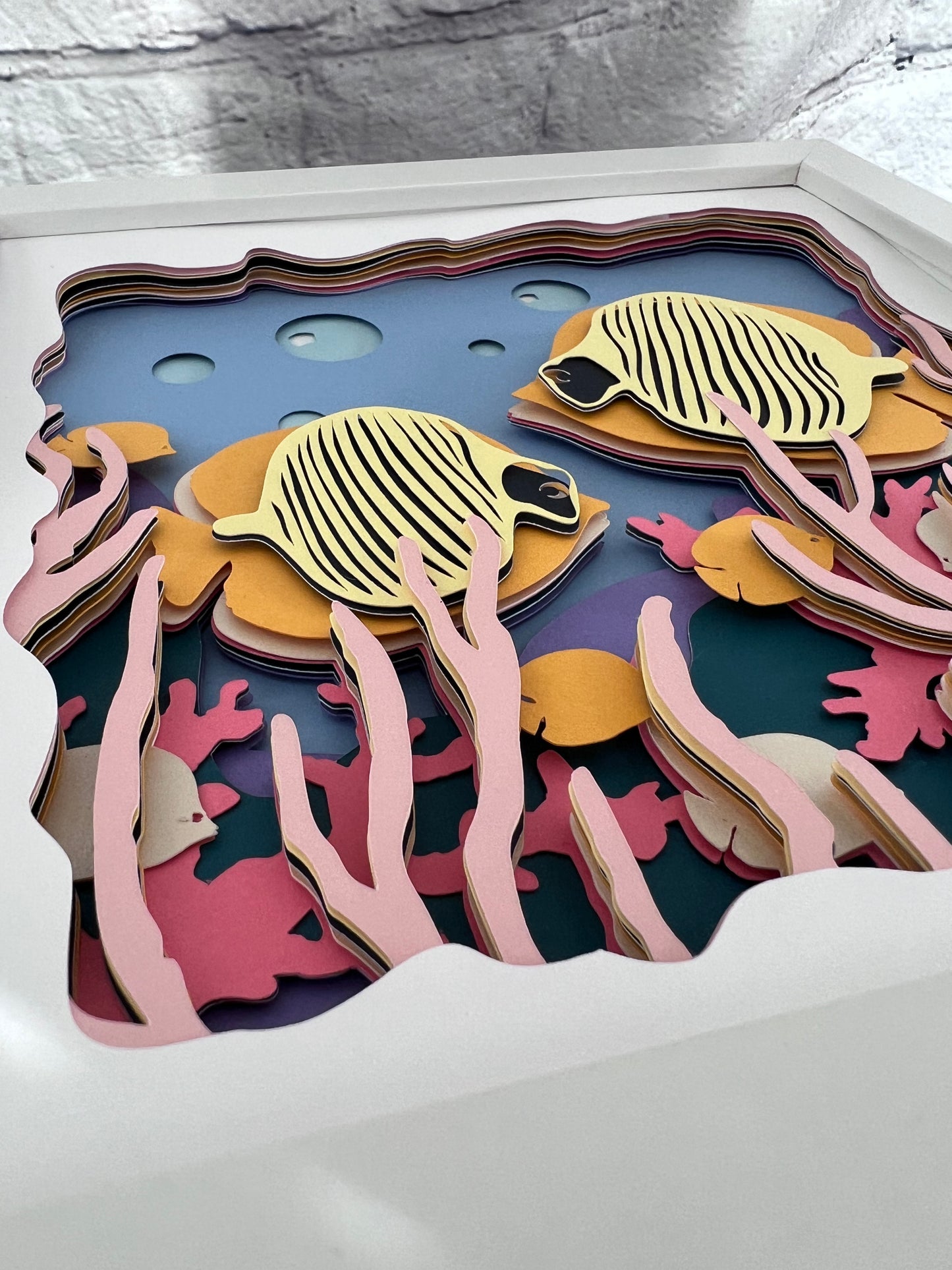 Yellow fish 3D paper art in a shadowbox