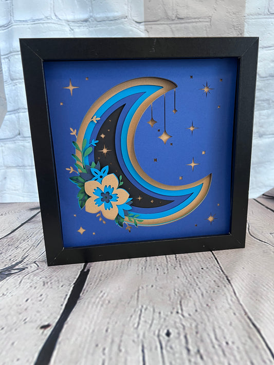 Crescent moon 3D paper art in a shadowbox