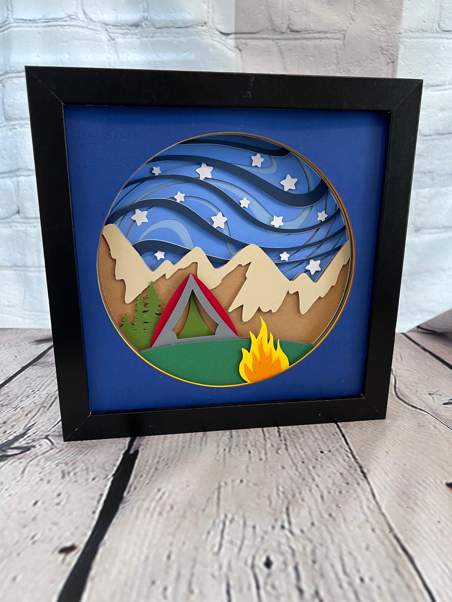 Campsite 3D paper art in a shadowbox