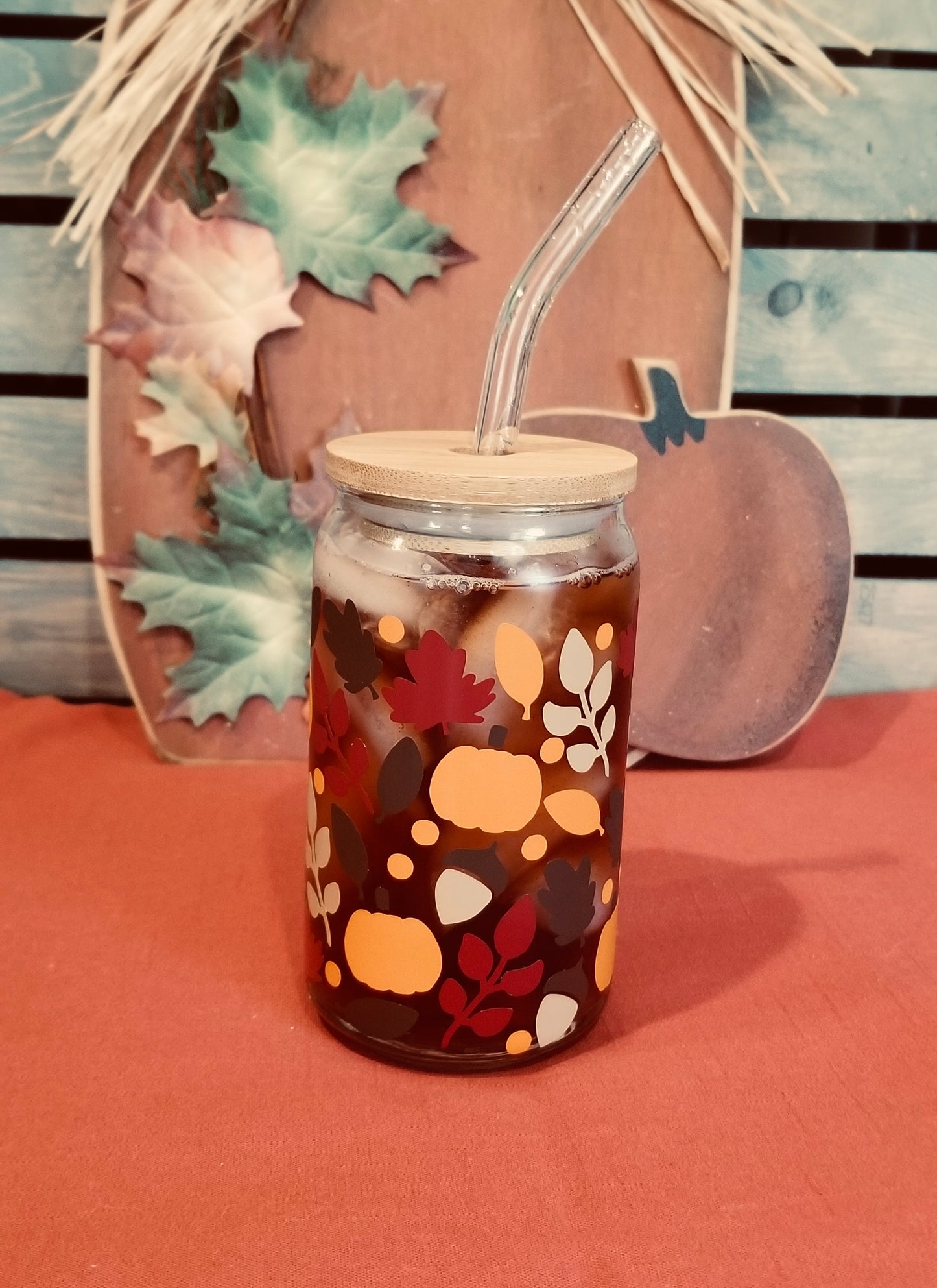 Fall leaves with acorns beer can glass