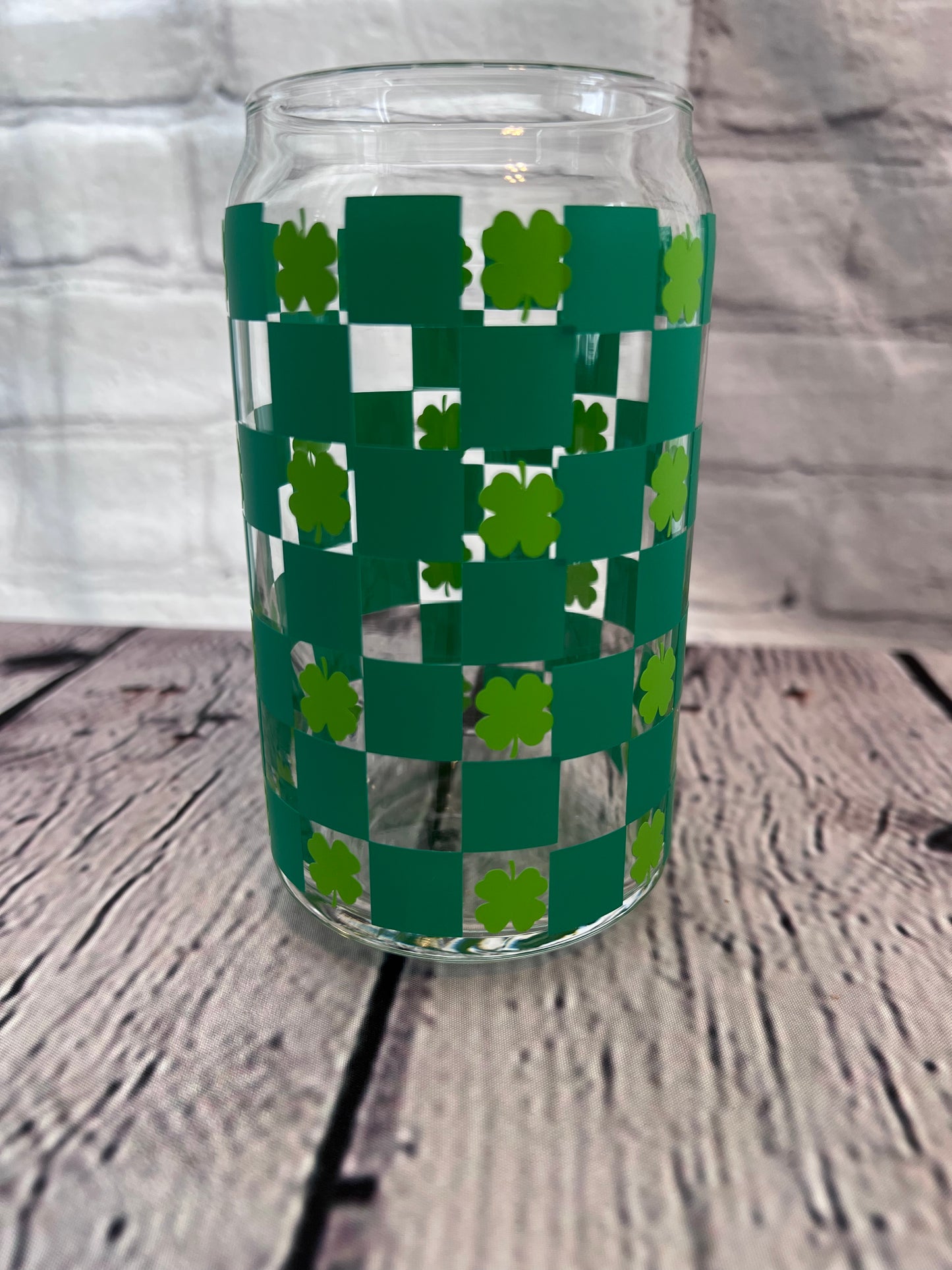 Four leaf clover checkerboard beer can glass
