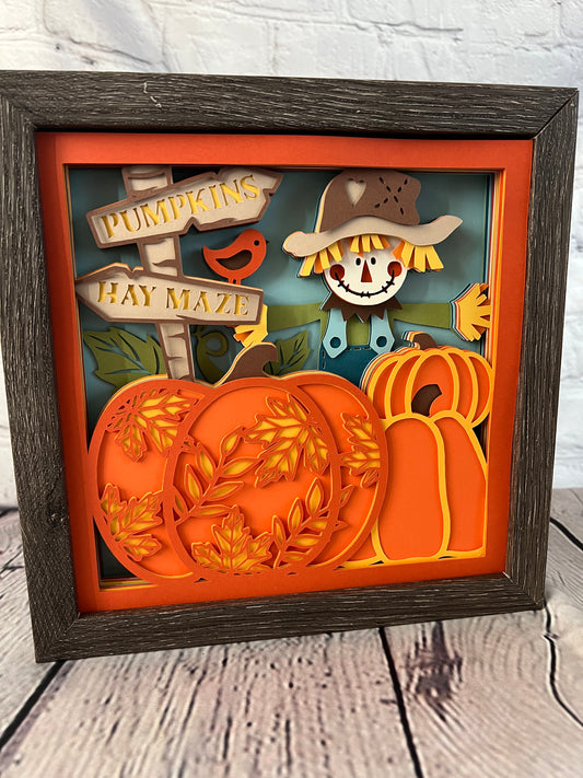 Scarecrow in the pumpkin patch 3D paper art shadowbox