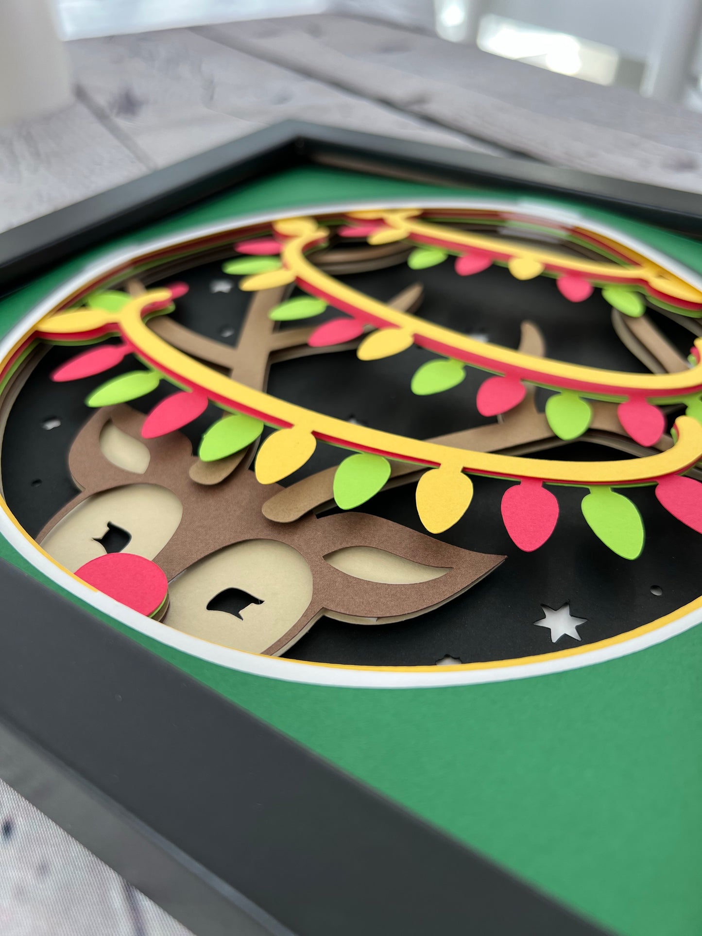 Reindeer with lights 3D paper art shadowbox